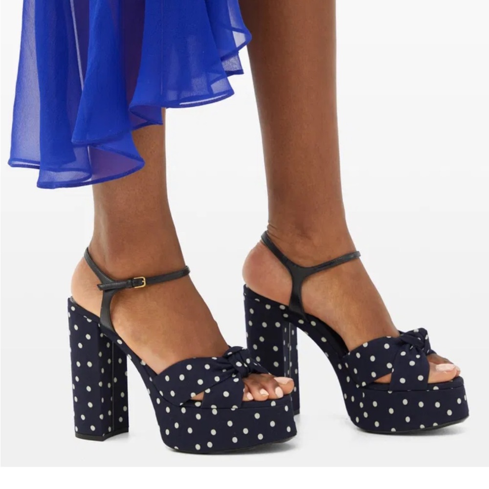 Stylish Saint Laurent Bianca knotted Polka Dot Platform Sandals Size 36